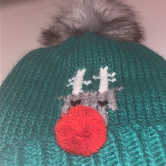 Brass Plum Green Double Knit Beanie with Reindeer Design unisex and any age - Picture 2 of 7